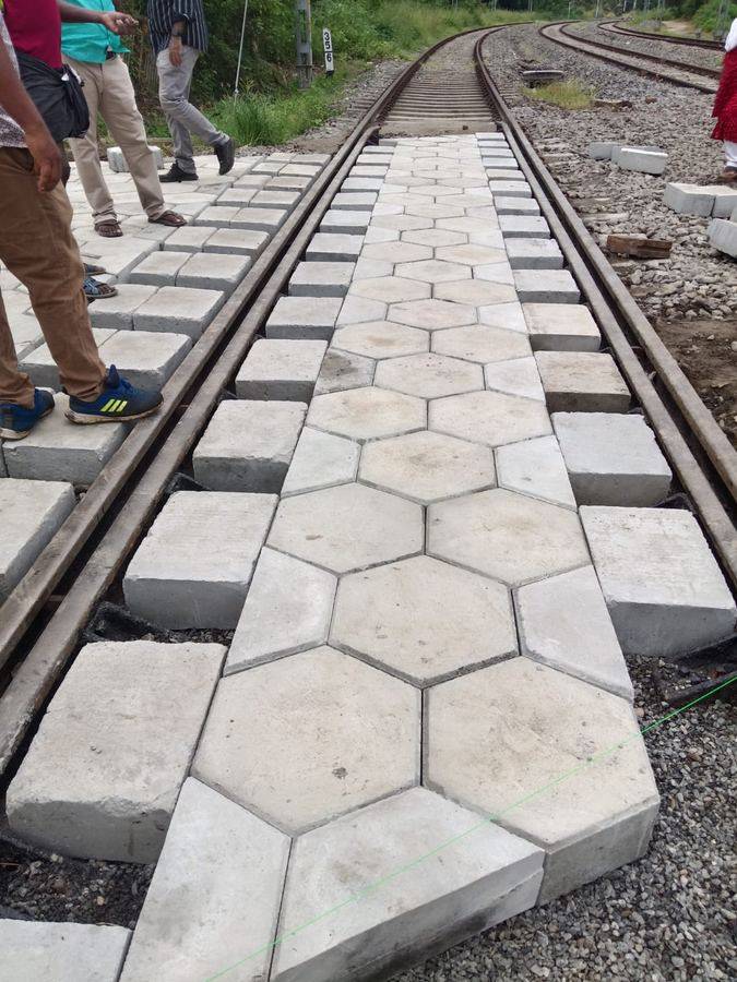 Hexagonal paver blocks installed at railway crossing